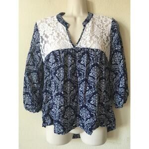 Happening in the Present Blue Lace 3/4 Sleeve Boho Chic Women's Blouse Size S